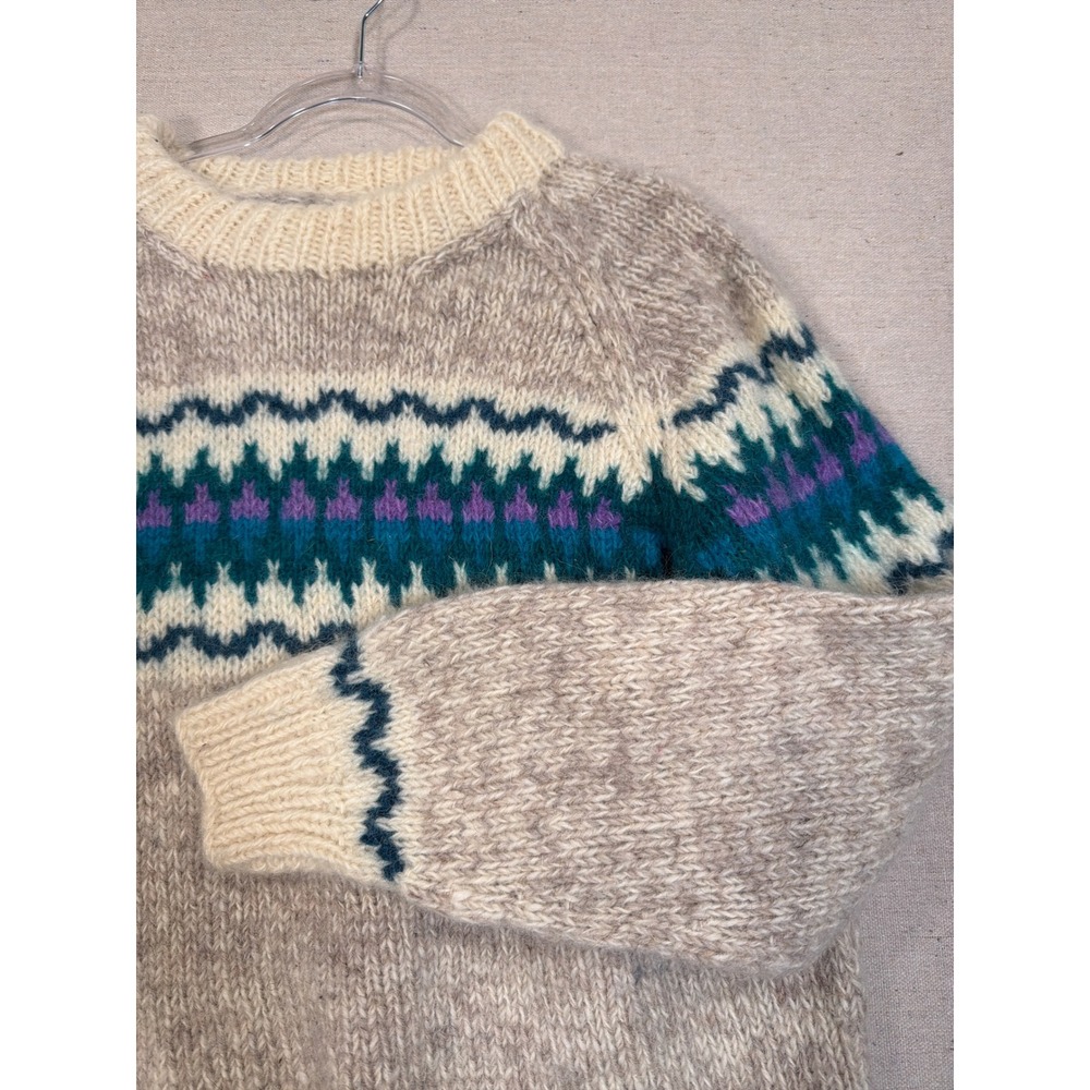 Vintage Handmade Wool Fair Isle Sweater Chunky Knit Oatmeal Teal Purple Raglan